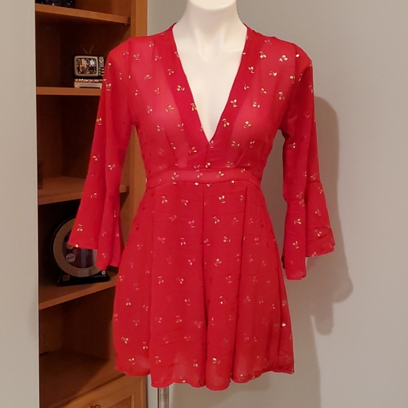Triple F Red with Gold Cherries Shorts Romper - Picture 2 of 11